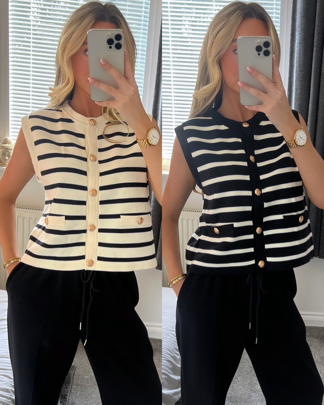 ‘Zara’ knitted vest in stripe in black & cream